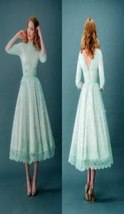 Vintage Lace Prom -jurken Bateau Neck Half Sheeves Mint Green Tea Lengte Spring Plus Size Backless feestjurk met mouwen9142078