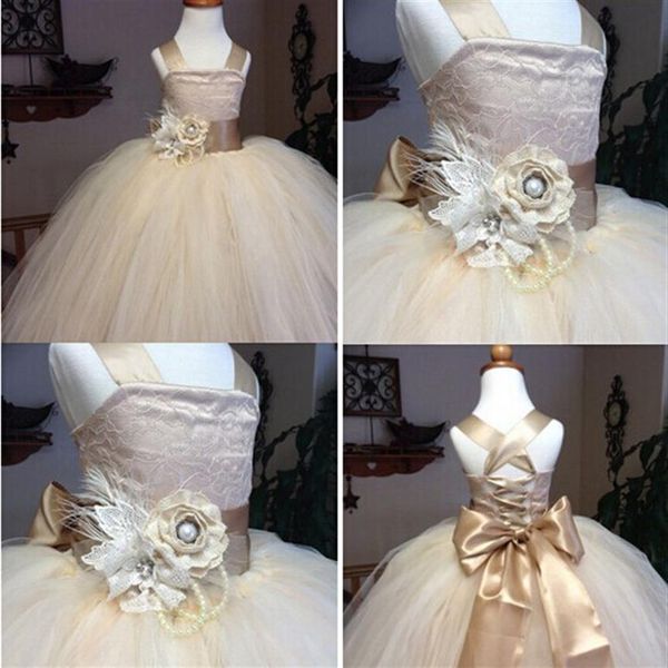 Vintage dentelle champagne rustique fille Pageant robes bretelles spaghetti moelleux tulle robe de bal fleur fille enfants enfants robe fo2010