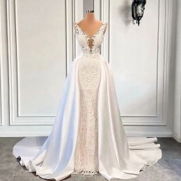 Robes de mariée de luxe en satin de dentelle vintage avec train détachable sexy col transparent appliques perles robes de mariée arabes sur mesure
