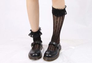 Calcetines de tubo de encaje vintage Dulce dama Lolita Medias hasta la rodilla Transpirable algodón cómodo Calcetines de pantorrilla para Student Girl Lady blanco negro