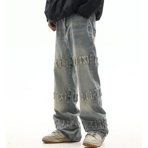 Vintage baggy jeans met veters voor heren en dames, streetwear rechte baggy denim broek, oversized