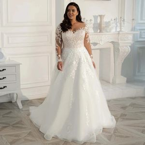 Vestidos de novia de encaje vintage Tallas grandes Elegantes Mangas largas para mujer Scoop A Line Vestidos de novia de tul Robe De