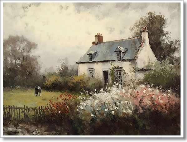 Paysage de paysage vintage portrait peinture à l'huile toile mur art antique chalet extérieur jardin de printemps décor mural rustique ferme chambre esthétique