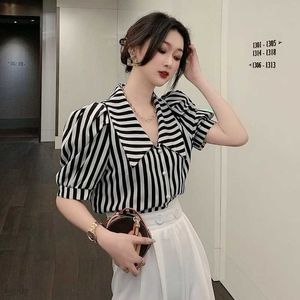 Vintage Revers À Manches Courtes Noir Rayé Chemises Femmes Lâche D'été De Mode Vêtements Rouge Tops Blusas Mujer Élégant Sexy Blouse 210610