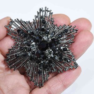 Broche de flor de diamantes de imitación de cristal negro grande Vintage para mujer, accesorio de disfraz de ramillete para boda