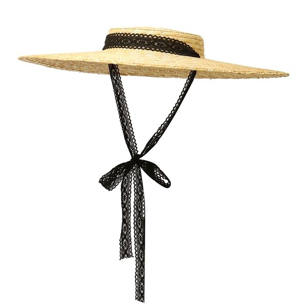 Chapeau de paille Vintage à large bord pour femmes | Casquette de plage d'été à dessus plat, couronne peu profonde, canotier, chapeaux de soleil, cravate en ruban 220513