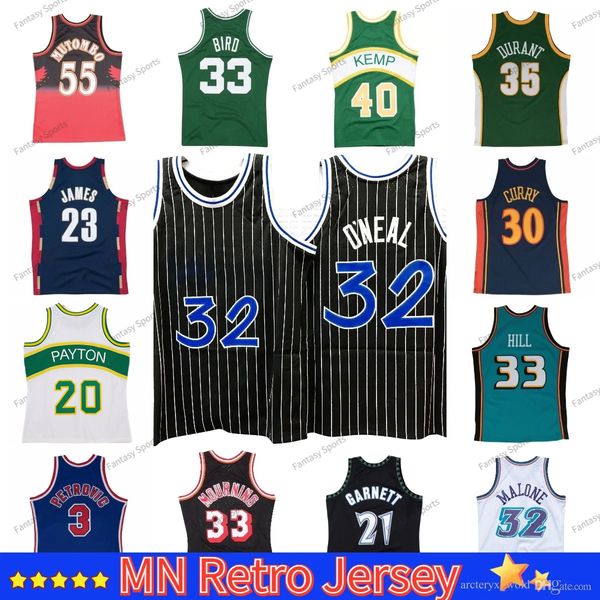 MN Throwback Basketball Jersey Mutombo HILL Shaq Oneal Durant Carter Kemp Petrovic Johnson JAMES Ewing CURRY ERVING 33 Larry Bird Green Chemise rétro pour homme Cadeau fan