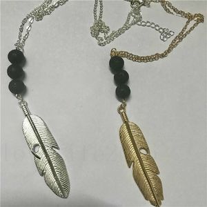 Vintage Lava-rock Perle Plume / Feuilles Gland Long Collier Aromathérapie Huile Essentielle Diffuseur Colliers Femmes Noir Lave Pendentif Bijoux