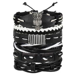 Vintage Blad Veer Multilayer Lederen Armband Mannen Mode Gevlochten Handgemaakte Star Rope Wrap Armbanden Armbanden Mannelijke Gift 5 Stks