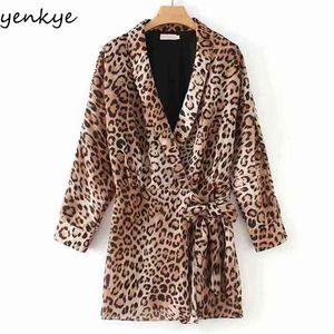 Mono de leopardo Vintage para Mujer, cuello en V cruzado, manga larga, mono Sexy informal, mono corto de talla grande, Monos para Mujer 210514