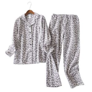 Conjuntos de pijamas de leopardo Vintage para mujer, ropa de dormir de invierno de algodón cepillado 100%, pijamas de franela de moda para mujer 211111