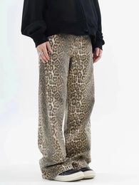 Vintage Leopard Print Jean Spring Oversize Casual Hip Pop Wide Leg Trouser Trend High Taille Panther Denim Pants Ladies Y240403