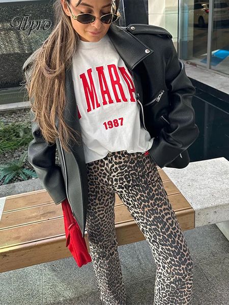 Vintage Leopard Print Jeans Pant Lady Casual Zipper Loose Crayer Trafle 2024 Spring Women Office Office Fashion Ladies Streetwear 240321
