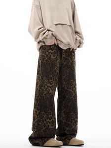 Vintage luipaardprint jeans met rechte pijpen, losse heren casual hoogwaardige modebroek