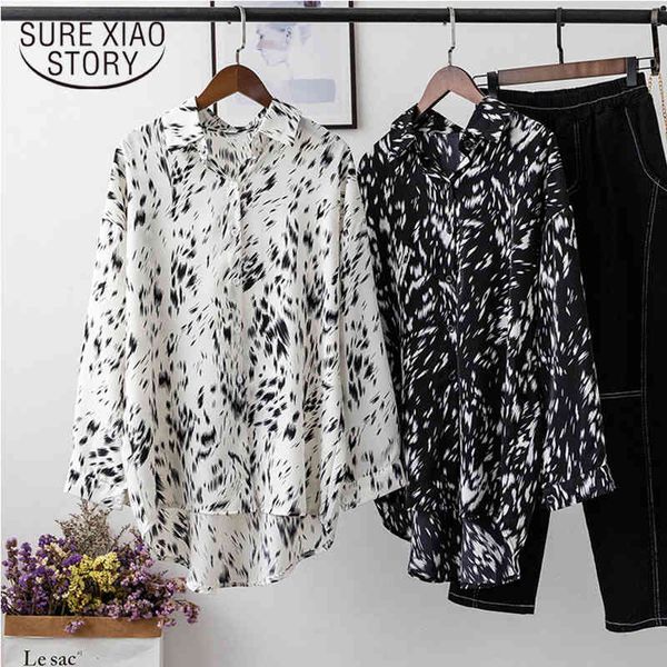 Vintage leopardo camisa blanca otoño más tamaño suelto elegante blusa para mujer cardigan oficina casual tops para mujeres 11454 210415