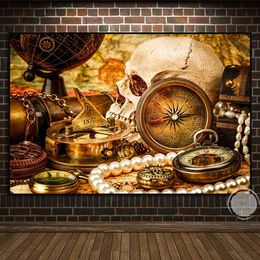 Vintage Light Luxury Compass Globe Sail Map Affiche Perle d'or et de crâne toile peinture photo salon décor d'art mural salon