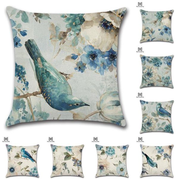 Lino Vintage pintado a mano pájaros azules agua funda de almohada Floral estampado Retro sofá cojines Cojines Decorativos Para cojín/Decorativ