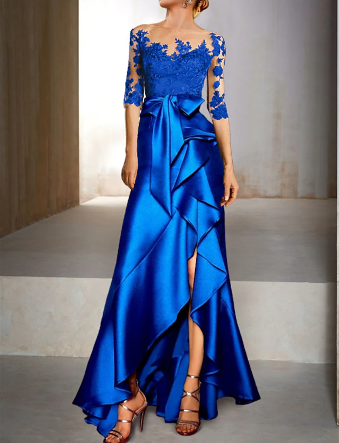 Vintage Long 3/4 Sleeve Satin Blue Mother of the Bride Dresses With Ruffles Mermaid Jewel Neck Sweep Train Mom of The Groom Dress Lace Godmother Dress for Women