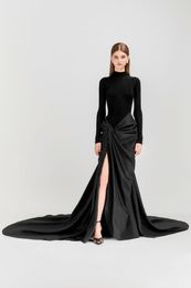 Robes de bal vintage longues noires en spandex avec plis sirène col haut en taffetas tribunal train robe de soirée maxi robes de soirée formelles pour les femmes