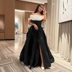 Vintage Long Black Taffeta Evening Jurken met spleet A-lijn Bateau Neck Zipper Londbodem Lengte prom-jurk feestjurken voor vrouwen