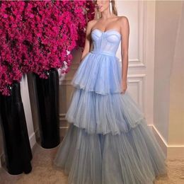 Vintage lange blauwe tule sweetheart avondjurken A-lijn gelaagde geplooide vloerlengte formele gelegenheid prom party jurken
