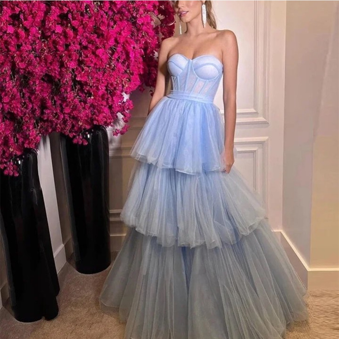 Vintage Long Blue Tulle Sweetheart Evening Dresses A-Line Tiered Pleated Floor Length Formal Occasion Prom Party Gowns