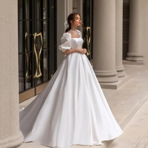 Robes de mariée longues simples, col carré, manches bouffantes en Satin, ligne A, longueur au sol, robe d'occasion formelle