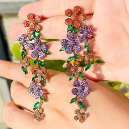 Vintage Long Charm Flowers Diamond Earring Designer voor vrouw feest 925 Sterling Silver Post Purple Red AAA Cubic Zirconia Dames Tassel Luxe oorbellen Maat 8,2 cm