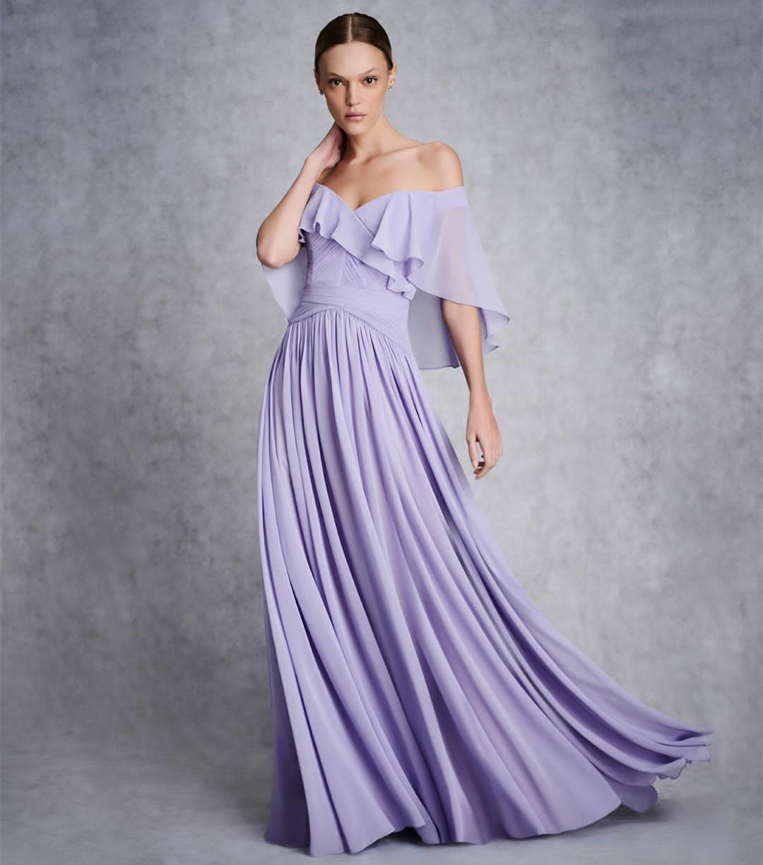 Vintage Long Chiffon Lilac Prom-klänningar med ruffles a-line off axelgolvlängd Veck formell fest Kvällsklänning Robes de Soiree för kvinnor