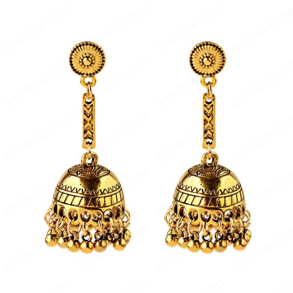 Boucles d'oreilles pendantes vintage longues Jhumka Jhumki pour femmes, lanterne dorée, pompon, bijoux Boho