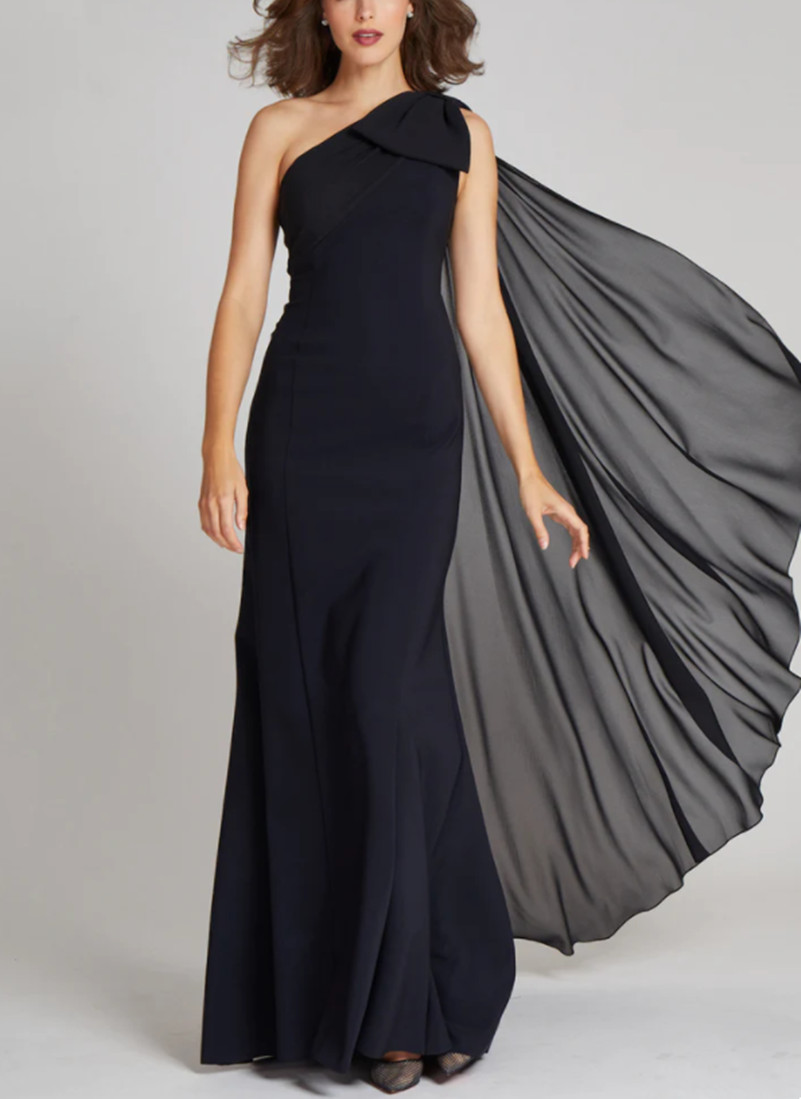 Vintage Long Navy Blue One Shoulder Mother of the Bride Dresses With Bow/Cape Mermaid Chiffon Pleated Floor Length Mom of The Groom Dress Godmother Dress for Women