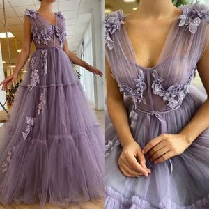 Vintage longues robes de bal formelle lavande col en V fleur appliques robe de soirée tulle une ligne robe de séance photo