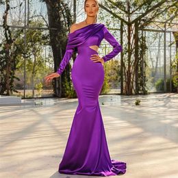 Vintage long satin violet violet asymétrique décolleté robes de soirée avec manches sirène plissée watteau train zipper robes de bal de bal pour femmes