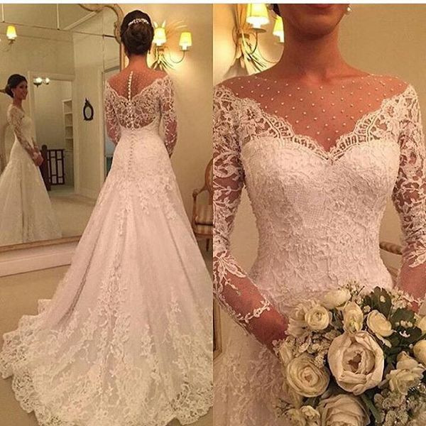 Vestido de novia de campo de manga larga vintage Una línea de cuello transparente Vestidos de novia de encaje 2021 Robe De Mariage Vestidos de novia hechos a medida de talla grande