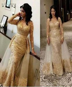 Vintage Glitter met lange mouwen Goud Gold Avonds Arabisch Sheer Neck Lace Mermaid Prom Dresses Tule Applique over rok formeel Part8290462