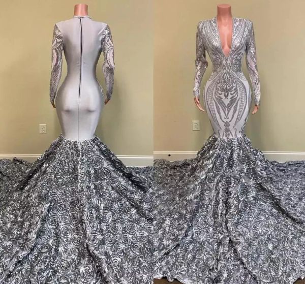 Vintage manches longues robes de bal Sexy sirène col en V argent pleine manches 3D fleurs Long Train femmes formelle fête robe de soirée