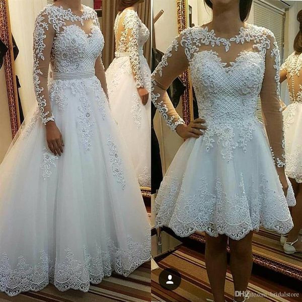 Vintage manches longues robes de mariée courtes jupe amovible plage Boho gonflé tulle dentelle plus la taille pays pure bouton dos nuptiale G247U