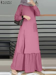 Vintage Gestreepte moslim maxi -jurk met lange mouwen Zanzea vrouwen lapwerk Sundress Turkije Abaya hijab Jurk Islamitische Kleding Ramadan 240422