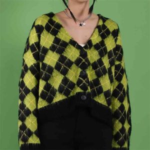 Vintage lange mouw trui vrouwen s kawaii mohair koreaanse plaid winter kleding 210521