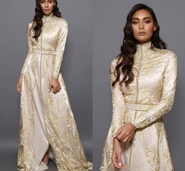 Vintage Long Sleeves ivory Moroccan Caftan Evening Dresses 2022 high neck muslim lace kaftan Special Occasion Dubai Formal Prom Dress