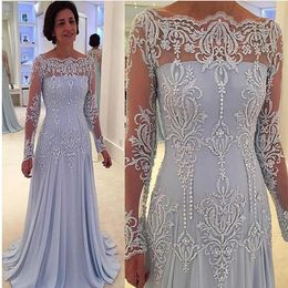 Vintage manga larga madre de la novia novio vestidos con cuentas de encaje apliques vestido Formal de mujer 2362