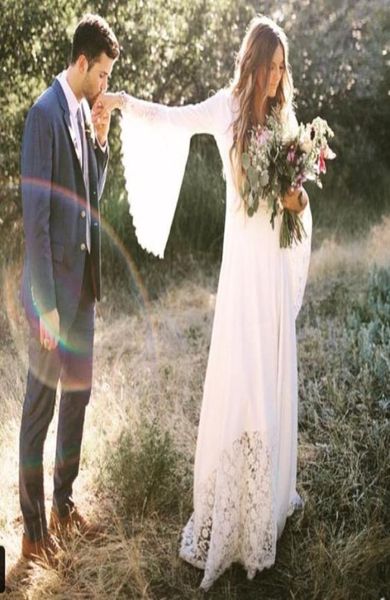 Robes de mariée à manches longues vintage avec gaine de longueur de plancher en dentelle 2019 bon marché plus taille hippie country boho robes de mariée b3815820