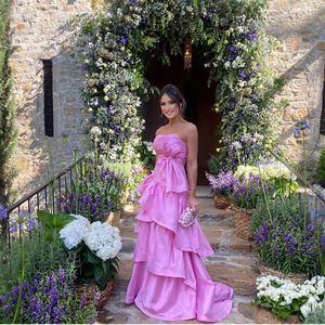 Vintage Long Tafta Pink Prom-jurken met boog A-lijn op maat gemaakte strapless sweep trein feestjurk maxi formele avondjurken voor vrouwen