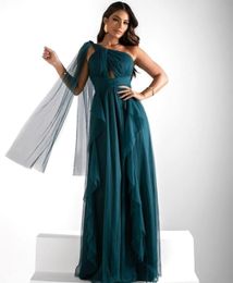 Vintage Long Teal TuLle Avondjurken met lint A-lijn een schouder vloerlengte geplooide rits terug prom-jurken voor vrouwen