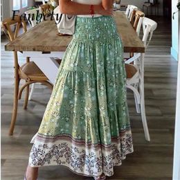 Vintage losse Boheemse bedrukte rok Spring Summer Beach Ploeged Women jurken speelse vrouwelijke elastische hoge taille lange rokken