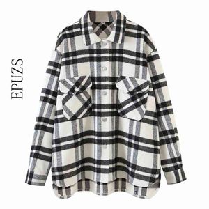 vintage losse plaid jas vrouwen shirt jas winter sping lange mouw dikke uitloper casual vrouw 210521