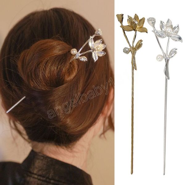 Palillos de pelo de loto Vintage para mujer, palillos de flores de estilo chino, horquillas para el pelo, tocado, accesorios para el cabello