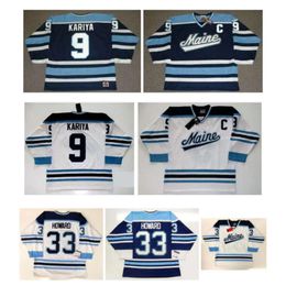 Vintage Maine Black Bears Jersey 9 PAUL KARIYA 33 Jimmy Howard Wit Blauw 100% Ing Hockey Jerseys zeldzaam