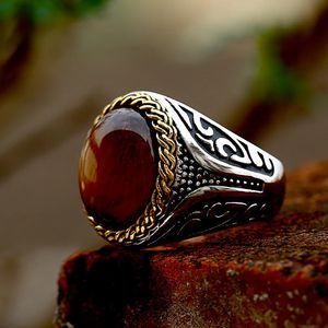 Vintage man Boy Ovaal Bruin Tijger Eye Stone Rings Punk 14K Goud gesneden ring Fashion Gotische Biker Sieraden Gift Accessories