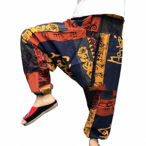 Vintage Homme Pantalon Rétro Casual Harem Cott Et Lin Baggy Impression Ethnique Grand Entrejambe Lâche Vêtements Pantalons Pantalons Pour Hommes A4pN #